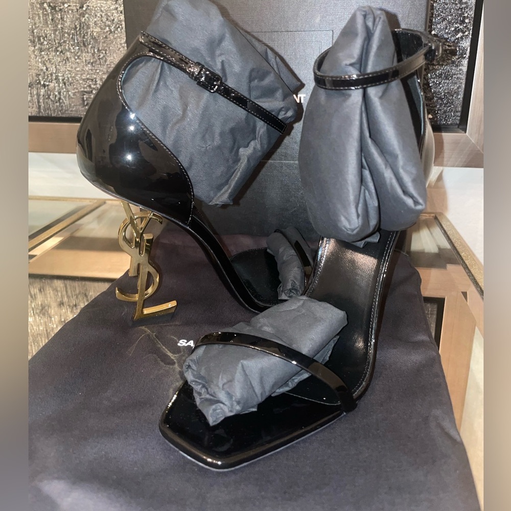 Opyum YSL Logo-Heel Sandals with Golden Hardware